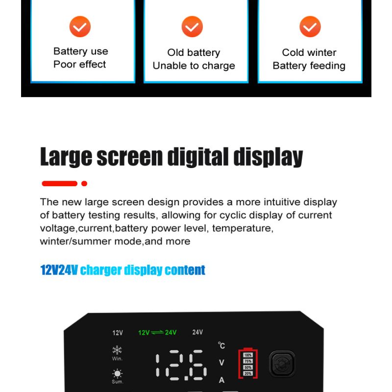 FOXSUR 20A przenośna ładowarka samochodowa 12V 24V AGM LiFePO4 automatyczna naprawa niezawodne działanie