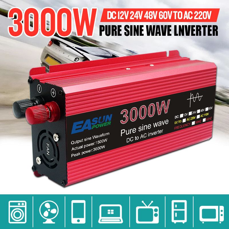 Falownik Czysta Fala Sinusoidalna 3000W DC 12V AC 220V Transformator Konwerter z Obudową ze Stopu Magnezu