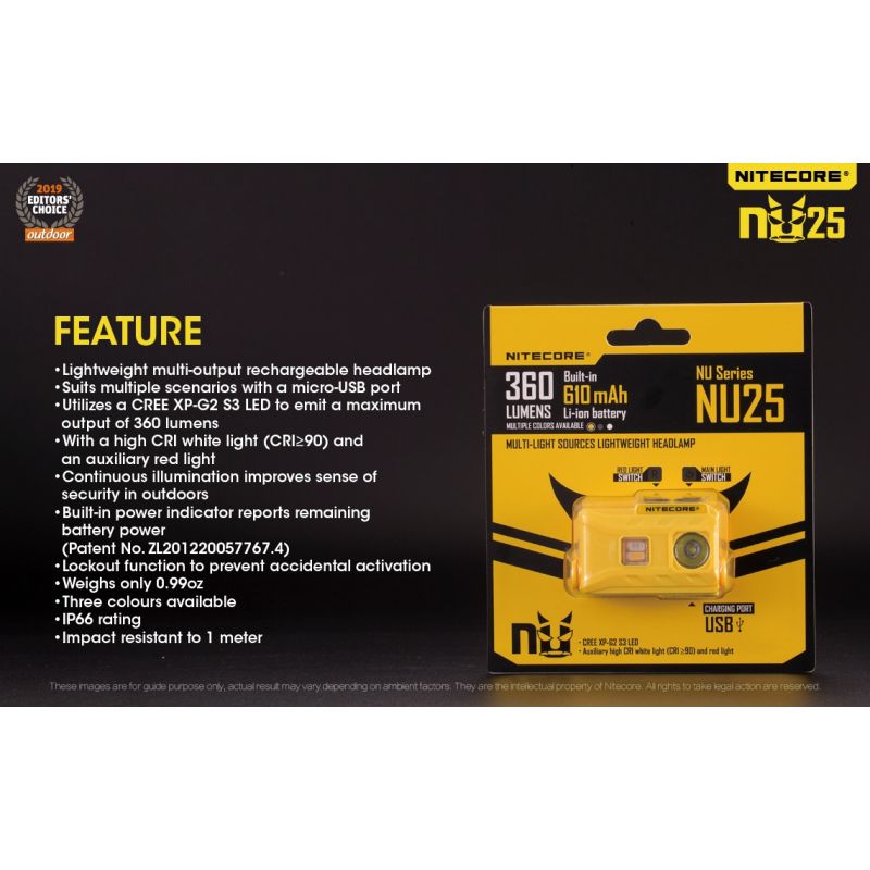 Nitecore NU25 XP-G2 S3 LED czołówka 360 lumenów ładowalna lekka lampka outdoorowa z akumulatorem USB