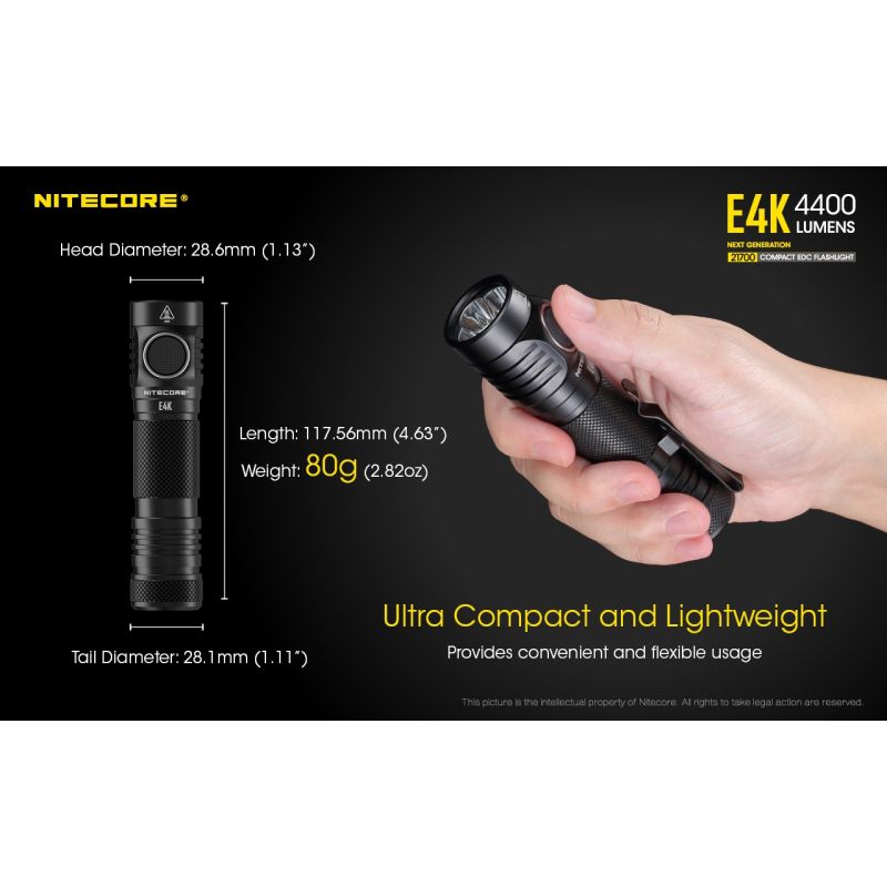 Nitecore E4K 4400 Lumenów LED XP-L2 V6 Kompaktowa Latarka EDC IP68 Wodoodporna Wysoka Jasność Niezawodna
