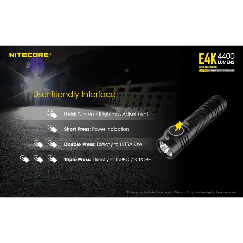 Nitecore E4K 4400 Lumenów LED XP-L2 V6 Kompaktowa Latarka EDC IP68 Wodoodporna Wysoka Jasność Niezawodna