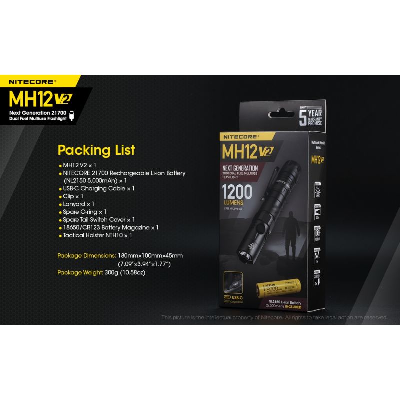 Latarka Nitecore MH12 V2 XP-L2 V6 LED 1200 lumenów z akumulatorem 21700 wytrzymała wodoodporna i jasna