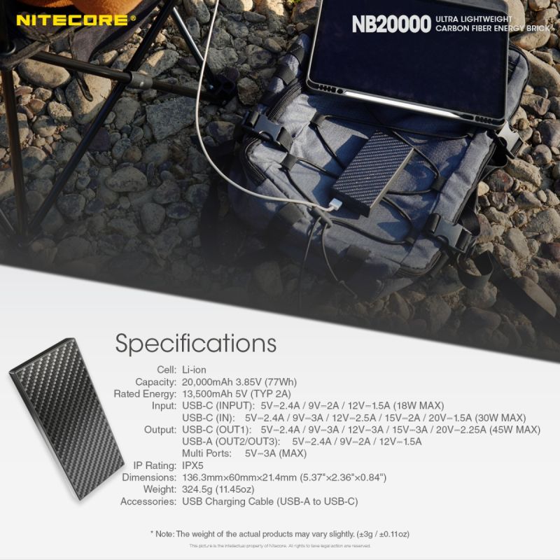 Nitecore NB20000 QC lekki wytrzymały power bank 20000mAh szybkie ładowanie USB USB-C idealny gadżet outdoorowy