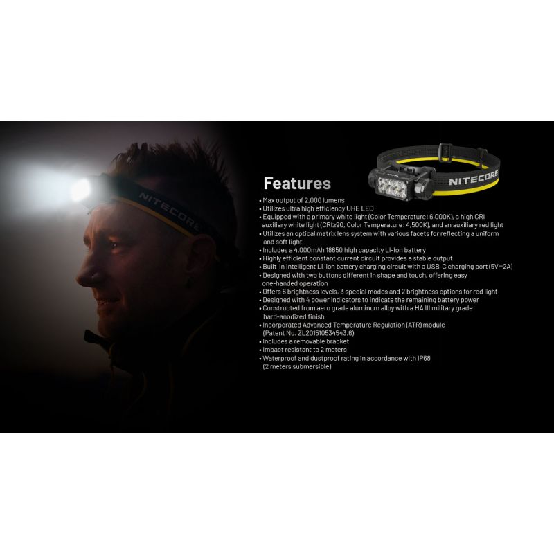 NITECORE HC65 UHE latarka czołowa 2000 lumenów ładowanie USB-C oświetlenie outdoorowe wspinaczka turystyka
