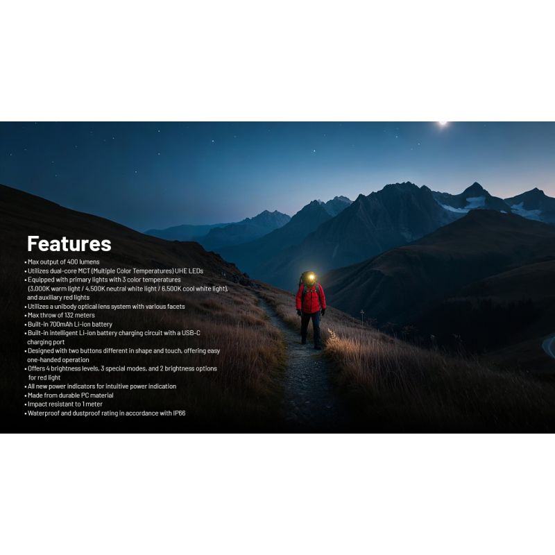 Lekka latarka czołowa NITECORE NU25 MCT 400 lumenów USB-C światło czerwone idealna do sprzętu kempingowego