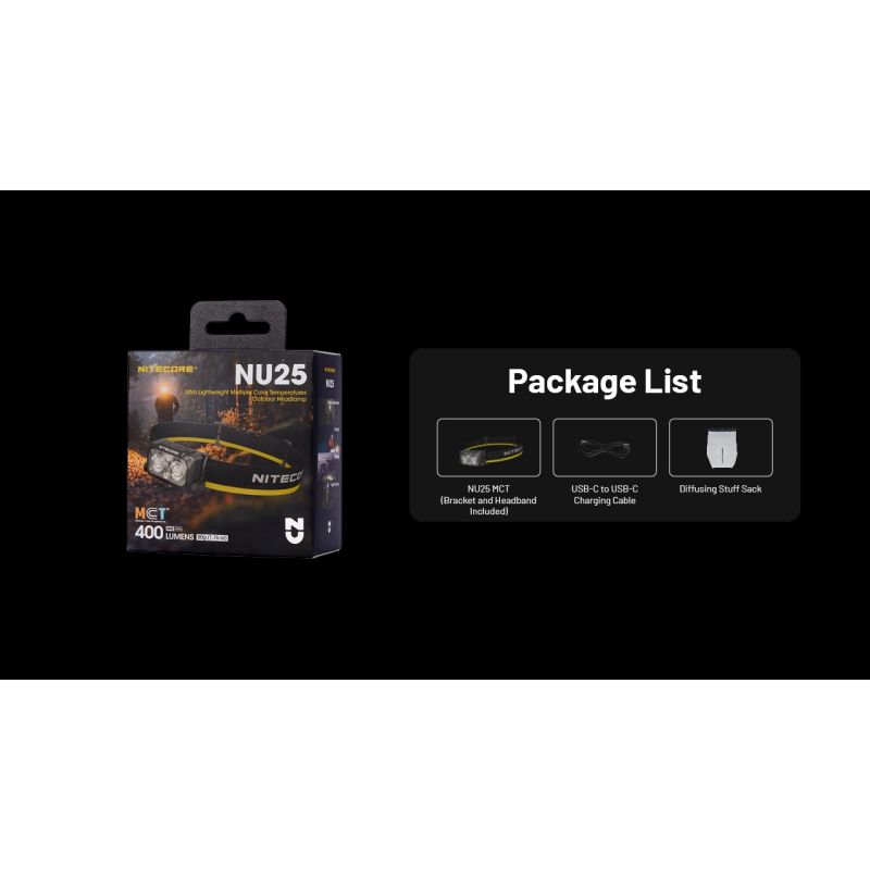 Lekka latarka czołowa NITECORE NU25 MCT 400 lumenów USB-C światło czerwone idealna do sprzętu kempingowego