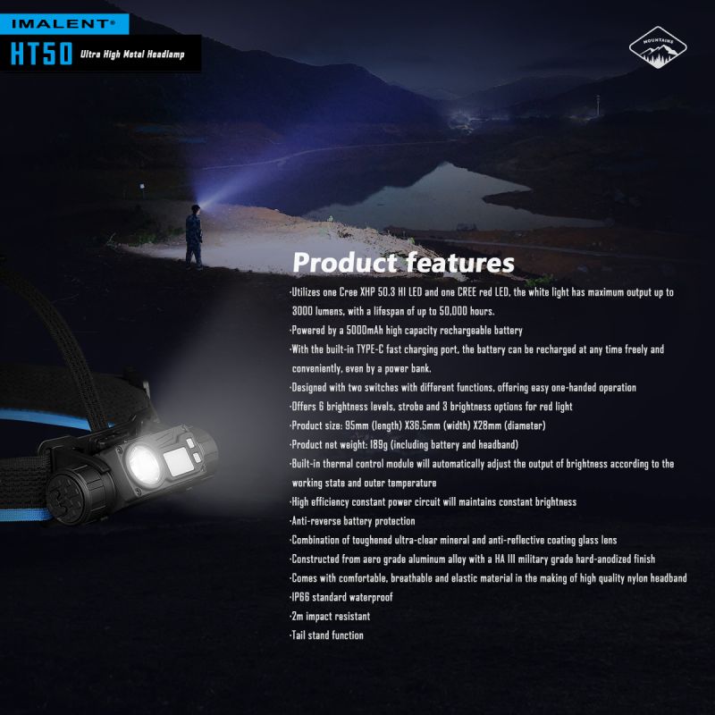 Latarka czołowa IMALENT HT50 LED z podwójnym źródłem światła o wysokiej jasności idealna do oświetlenia outdoorowego