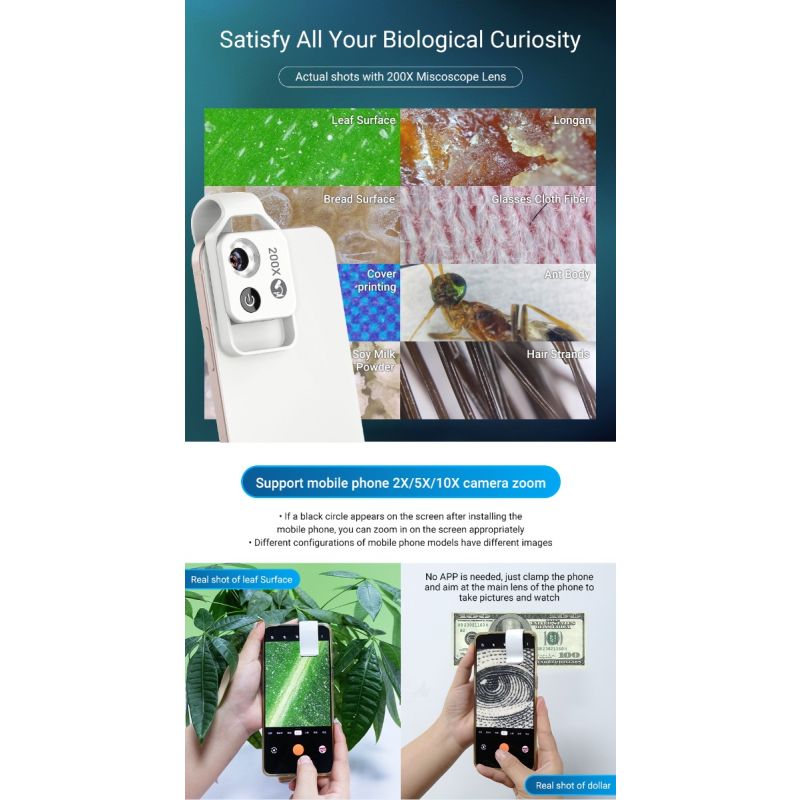 Obiektyw Mikroskopowy APEXEL 200X do Smartfonów z Mobilną Lampą LED i Wysokiej Jakości Obrazami Dla iPhone Samsung