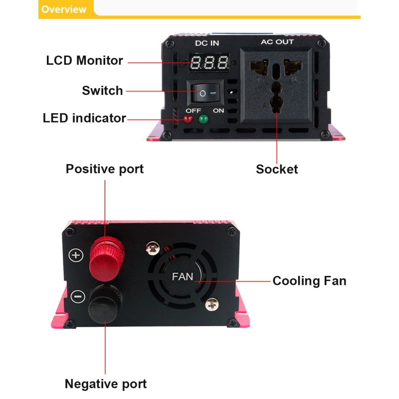 Falownik Czysta Fala Sinusoidalna 3000W DC 12V AC 220V Transformator Konwerter z Obudową ze Stopu Magnezu
