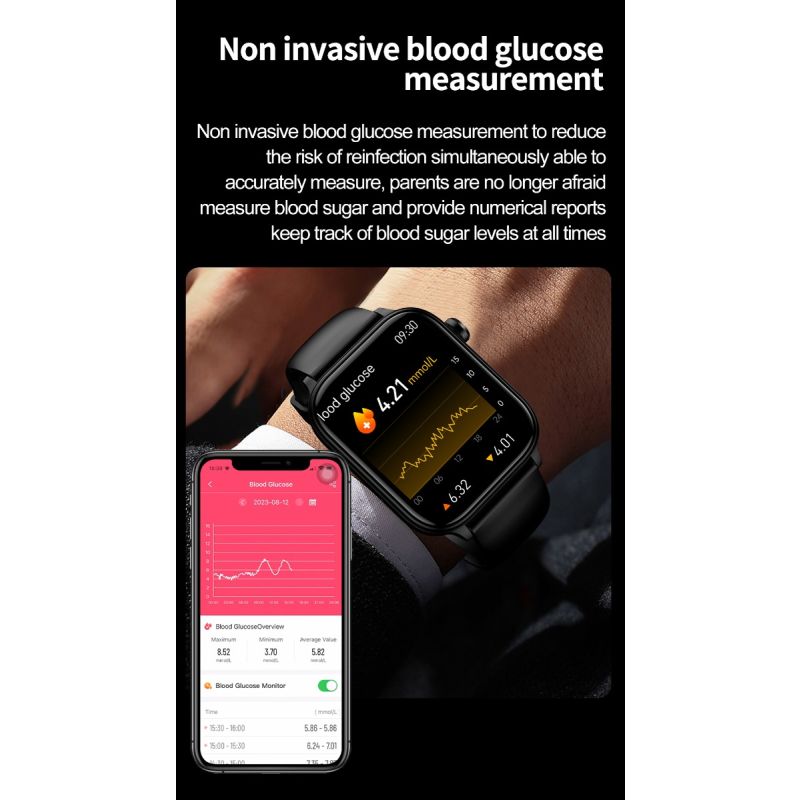 ET570 Inteligentny Zegarek Glukozy we Krwi EKG Tętna Ciśnienia Krwi Smartwatch