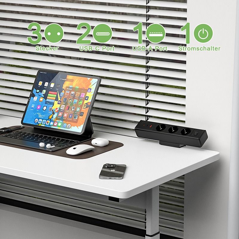 Listwa zasilająca biurkowa z USB-C/A 65W, 3 gniazda EU z ochroną, montaż bez wiercenia, organizacja kabli