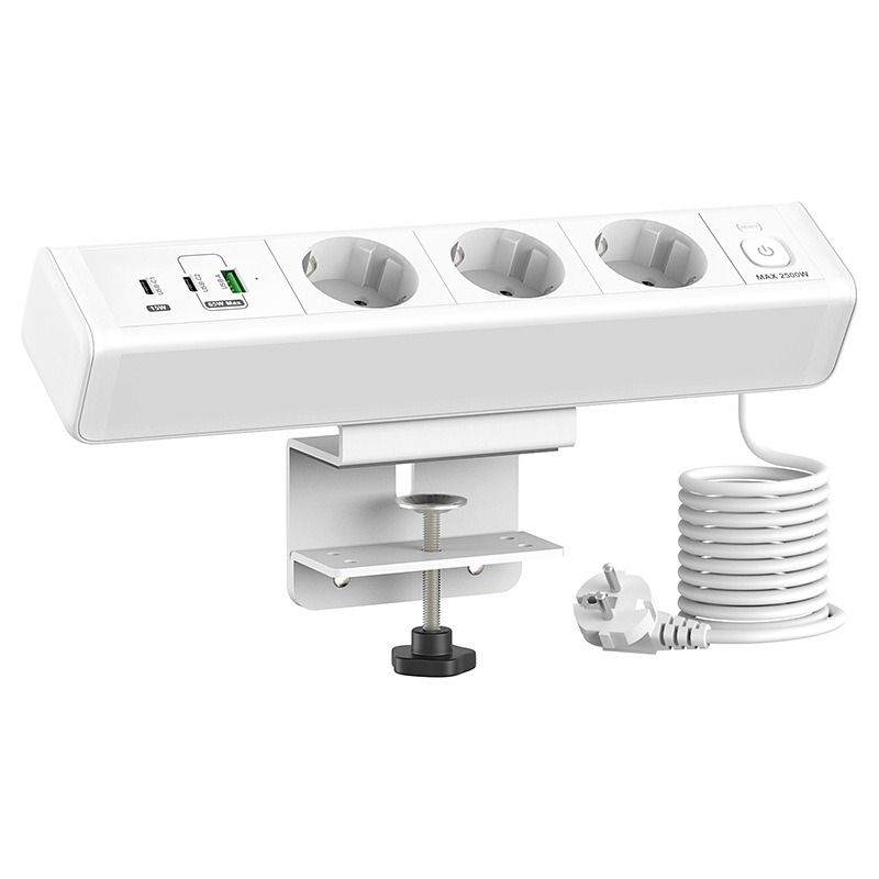 Listwa zasilająca biurkowa z USB-C/A 65W, 3 gniazda EU z ochroną, montaż bez wiercenia, organizacja kabli
