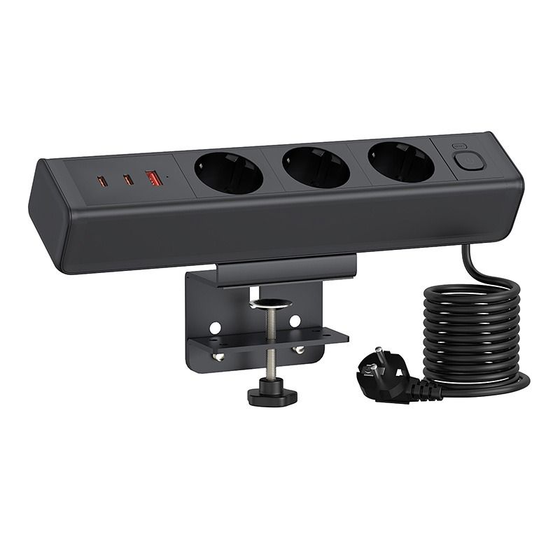 Listwa zasilająca biurkowa z USB-C/A 65W, 3 gniazda EU z ochroną, montaż bez wiercenia, organizacja kabli
