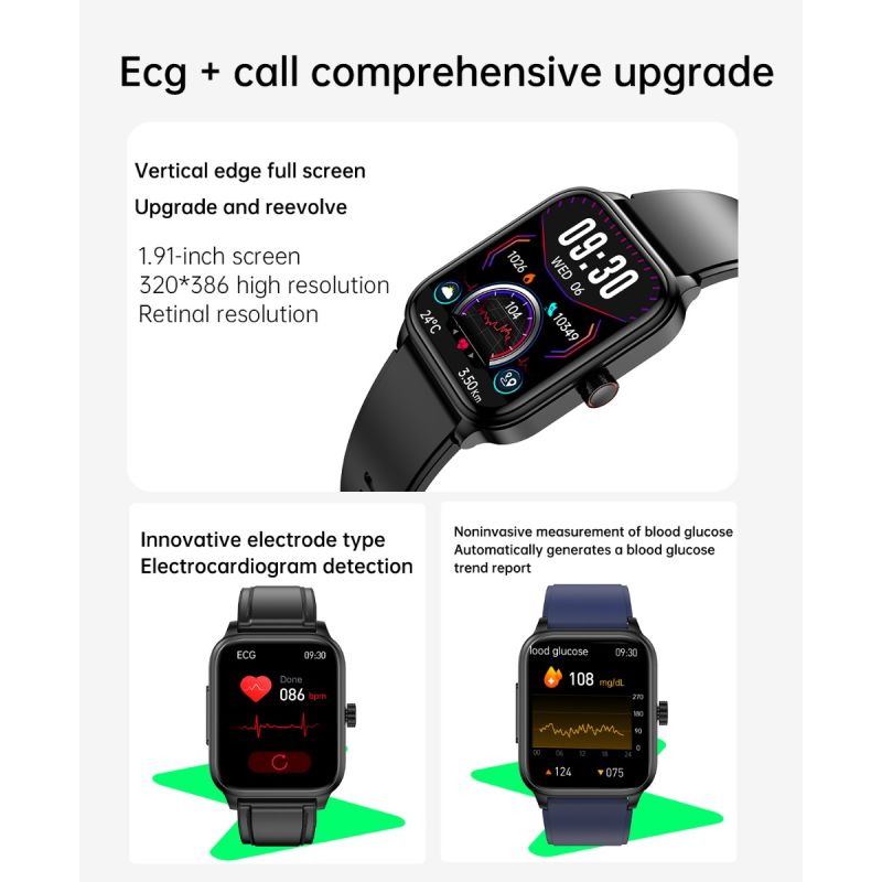 ET540 Glukoza/EKG Smartwatch Fitness Tracker: BT Połączenia, Tętno, Ciśnienie, Temp., Tlen, Całodobowe Monitorowanie dla Zdrowia