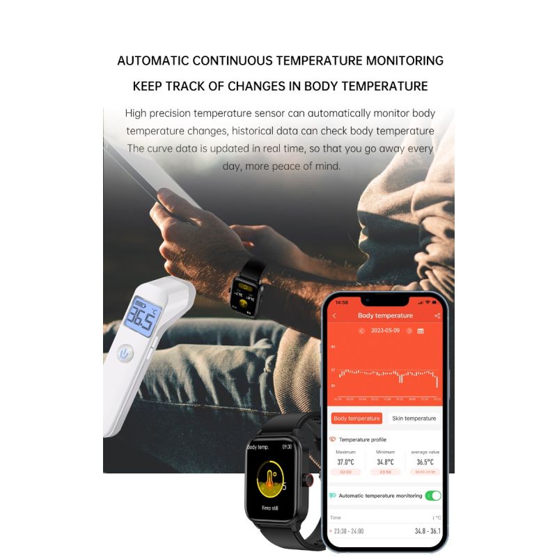 ET540 Glukoza/EKG Smartwatch Fitness Tracker: BT Połączenia, Tętno, Ciśnienie, Temp., Tlen, Całodobowe Monitorowanie dla Zdrowia