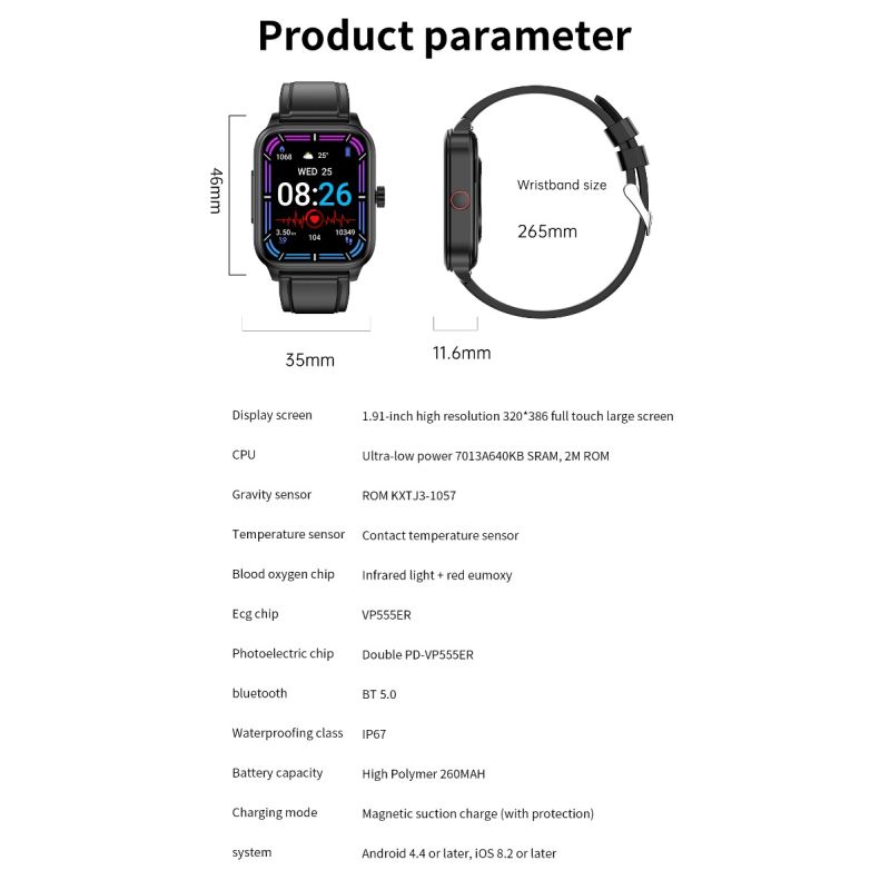 ET540 Glukoza/EKG Smartwatch Fitness Tracker: BT Połączenia, Tętno, Ciśnienie, Temp., Tlen, Całodobowe Monitorowanie dla Zdrowia