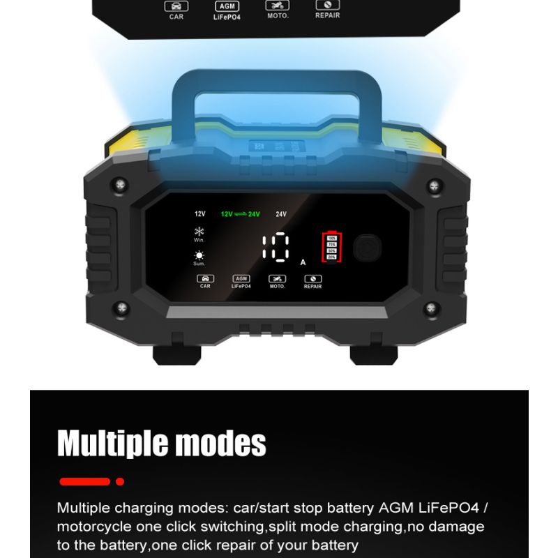 FOXSUR przenośna ładowarka samochodowa 12V 24V AGM LiFePO4 7-stopniowe automatyczne ładowanie wszechstronność