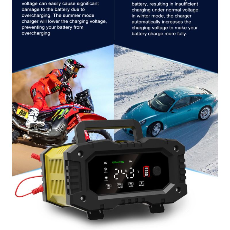 FOXSUR przenośna ładowarka samochodowa 12V 24V AGM LiFePO4 7-stopniowe automatyczne ładowanie wszechstronność