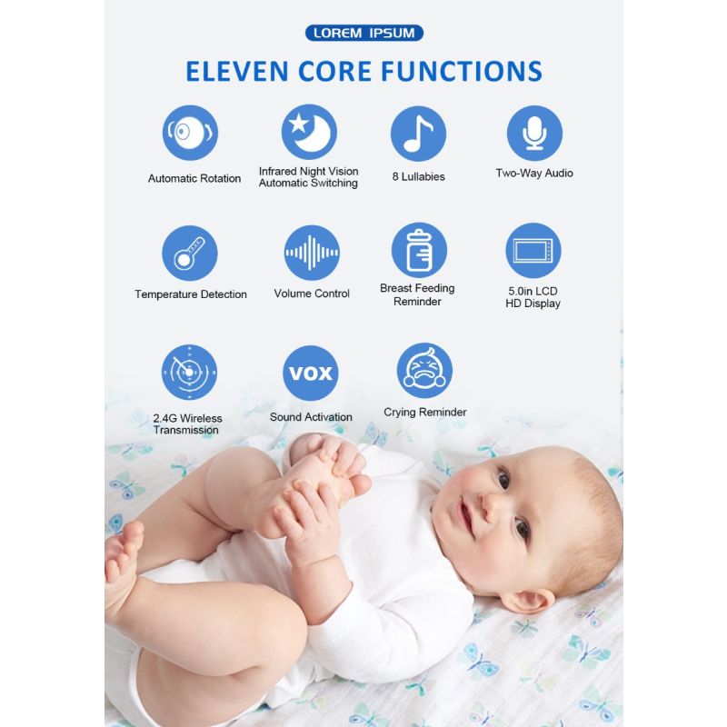 ABM501 niania wideo 2.4G z 5.0 cala LCD noktowizor dwukierunkowa rozmowa audio wysoka rozdzielczość