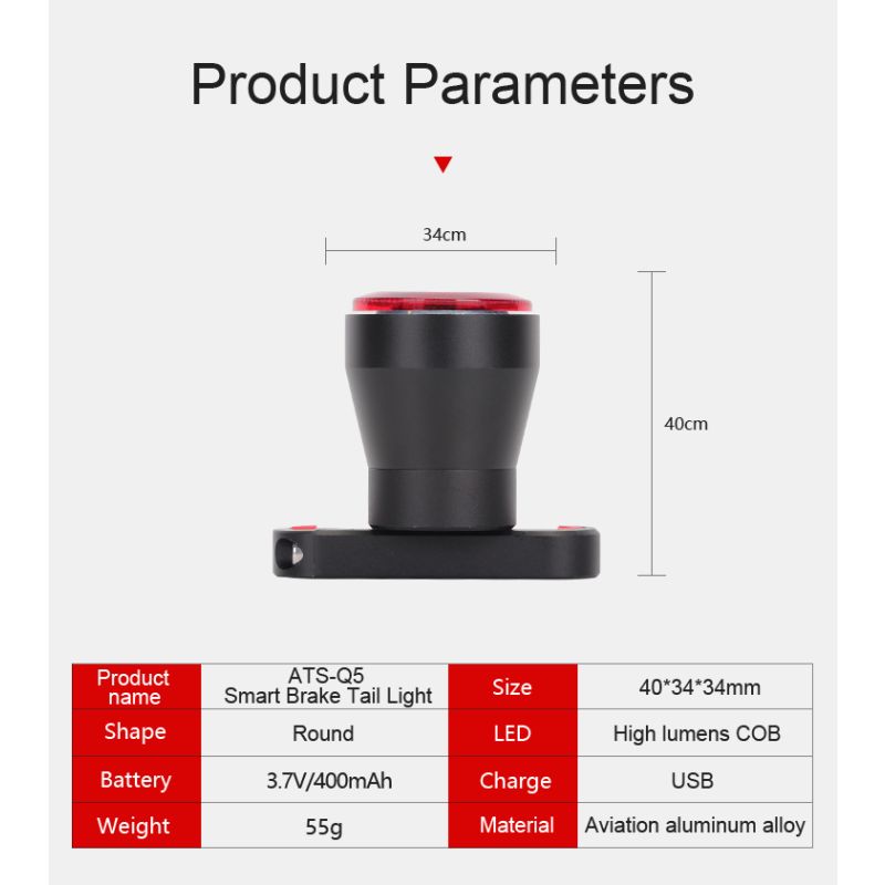 ANTUSI Q5 inteligentne tylne światło rowerowe LED auto start stop IPX6 wodoodporne akcesoria rowerowe bezpieczeństwo