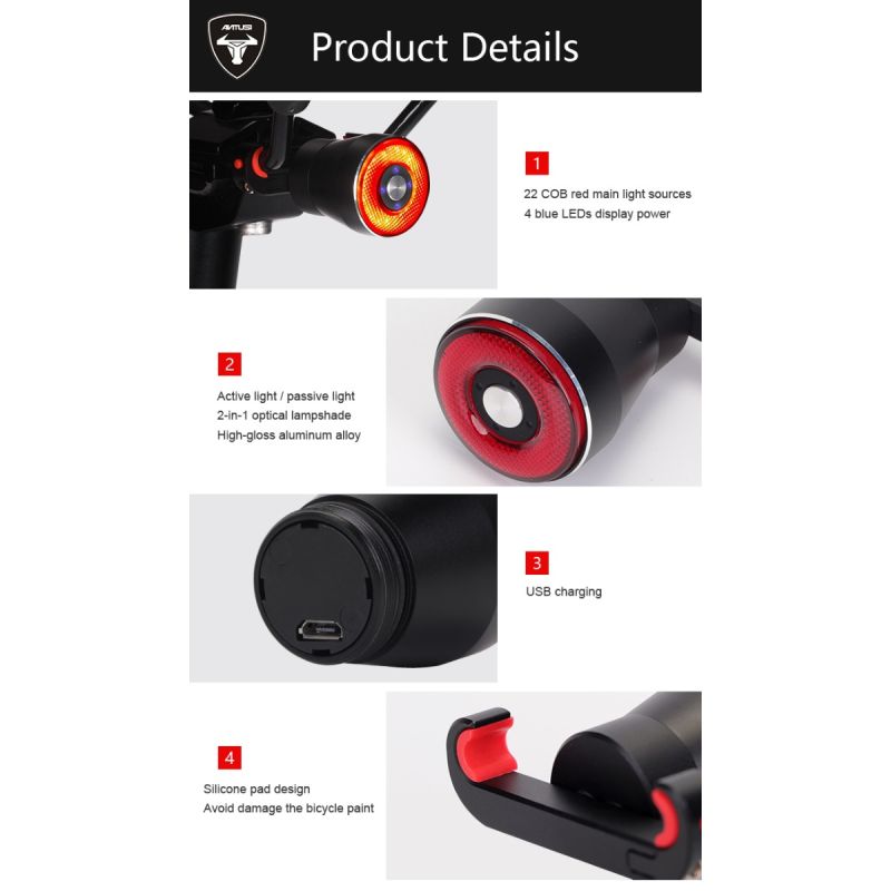 ANTUSI Q5 inteligentne tylne światło rowerowe LED auto start stop IPX6 wodoodporne akcesoria rowerowe bezpieczeństwo