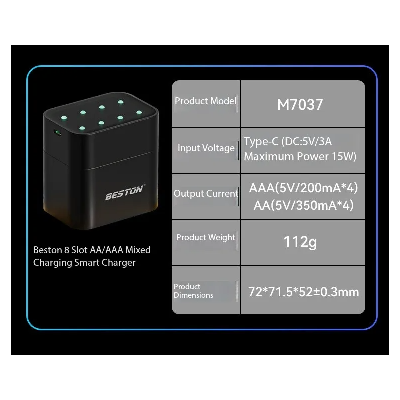Beston Inteligentna Ładowarka 8 Slotów AA 1.5V Li-ion 3600mWh, Szybkie Ładowanie Zestawu Baterii.