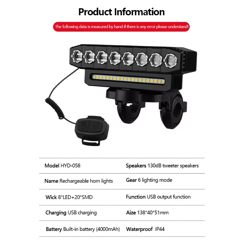 Ładowana przez USB lampka rowerowa z 120 dB klaksonem i podwójnym przełącznikiem dla bezpieczeństwa rowerowego