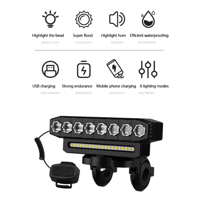 Ładowana przez USB lampka rowerowa z 120 dB klaksonem i podwójnym przełącznikiem dla bezpieczeństwa rowerowego