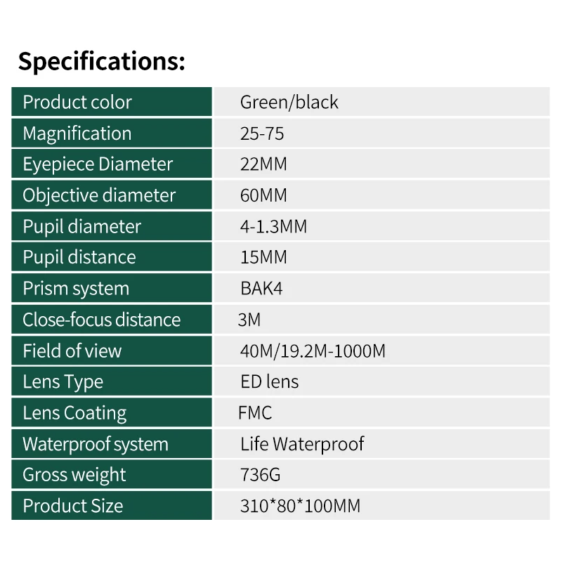 Potężny teleskop 25-75x60 Zoom ED HD Monokular Bak4 do obserwacji ptaków i biwakowania na zewnątrz