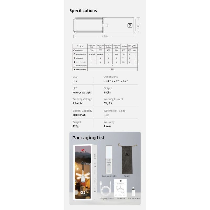 Klarus CL2 składane światło kempingowe 750 lumenów ochrona oczu 90-stopniowe żarówki 7 trybów światła