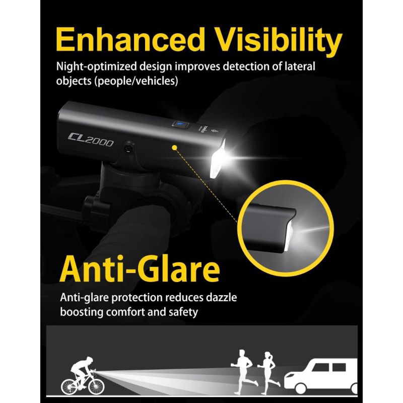 TOWILD CL2000 Przednia Lampka Rowerowa 2000LM Super Jasna | Antyodblaskowa | Bezpieczna Nocą