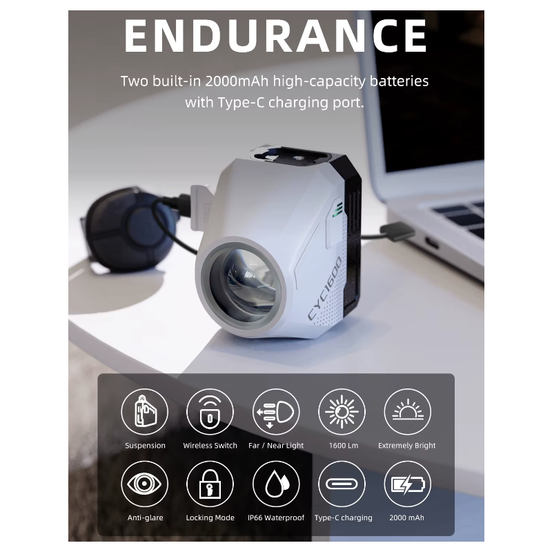 Rowerowe przednie światła 1600 lumenów wiszące kable wysoka jasność z inteligentnym pilotem zdalnego sterowania