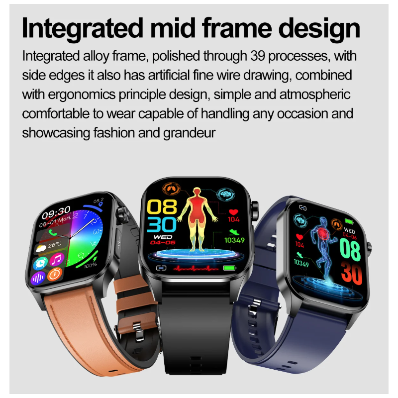 E580 Inteligentny zegarek: glukoza, ECG, monitor serca, ciśnienia, IP68, Smartwatch