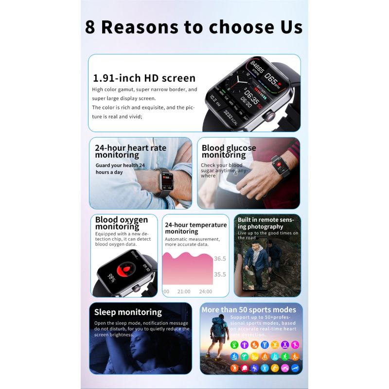 Smartwatch F57L z pomiarem Poziomu Cukru, Ciśnienia, Tętna i Temperatury, Monitor Sportowy 1.91 Cala