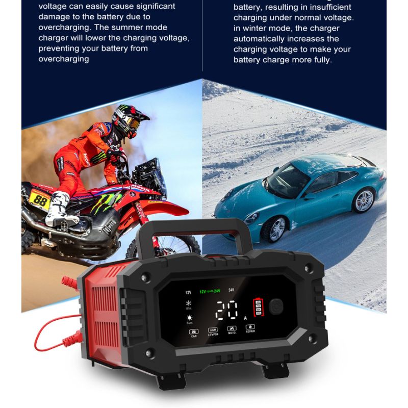 FOXSUR 20A przenośna ładowarka samochodowa 12V 24V AGM LiFePO4 automatyczna naprawa niezawodne działanie