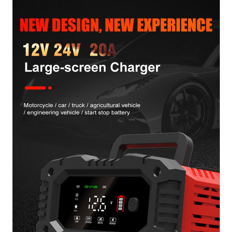 FOXSUR 20A przenośna ładowarka samochodowa 12V 24V AGM LiFePO4 automatyczna naprawa niezawodne działanie