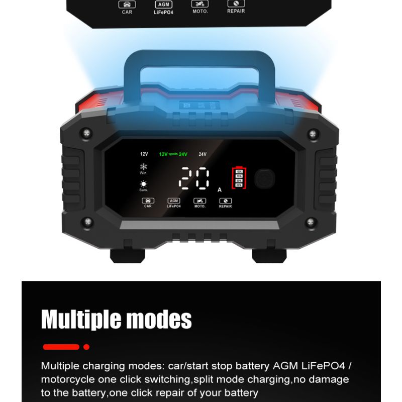 FOXSUR 20A przenośna ładowarka samochodowa 12V 24V AGM LiFePO4 automatyczna naprawa niezawodne działanie