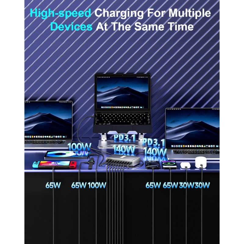 Ładowarka USB C 800W GaN III Pro 10 portów | Szybkie Ładowanie PD do MacBooka Pro, iPhone