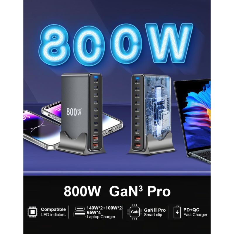 Ładowarka USB C 800W GaN III Pro 10 portów | Szybkie Ładowanie PD do MacBooka Pro, iPhone