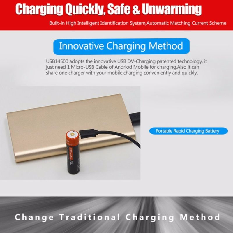 Akumulator 14500 3.7V Li-ion 750mAh Micro USB wskaźnik LED ekologiczna bateria do latarek i głośników