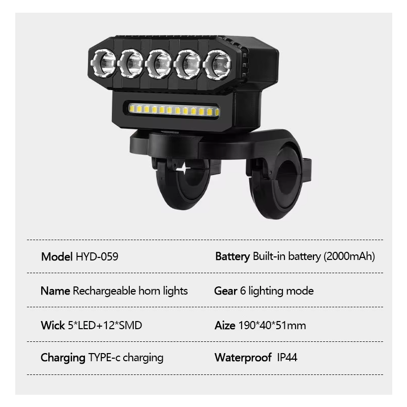 Ładowana przez USB lampka rowerowa z 120 dB klaksonem i podwójnym przełącznikiem dla bezpieczeństwa rowerowego