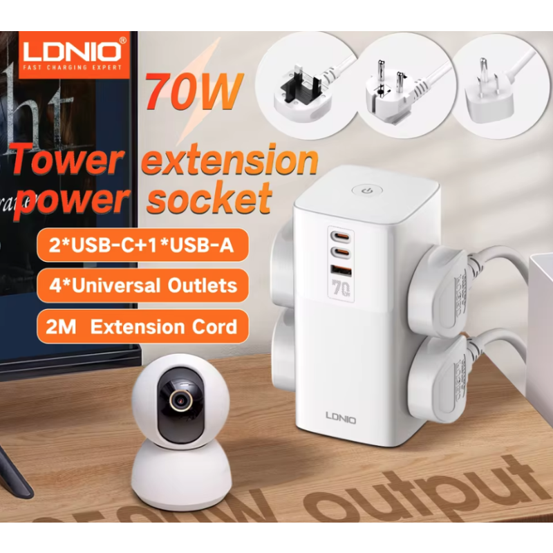 LDNIO Tower Cube Ładowarka 70W USB-C, Wielogniazdowa Listwa Zasilająca Ochrona Przepięciowa Uniw. Gniazda UK/US/EU