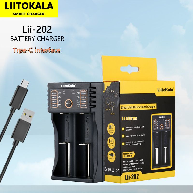 Ładowarka Liitokala Lii-202 3,7V z dwoma kanałami USB do akumulatorów 18650 26650 16340 21700 NiMH 14500