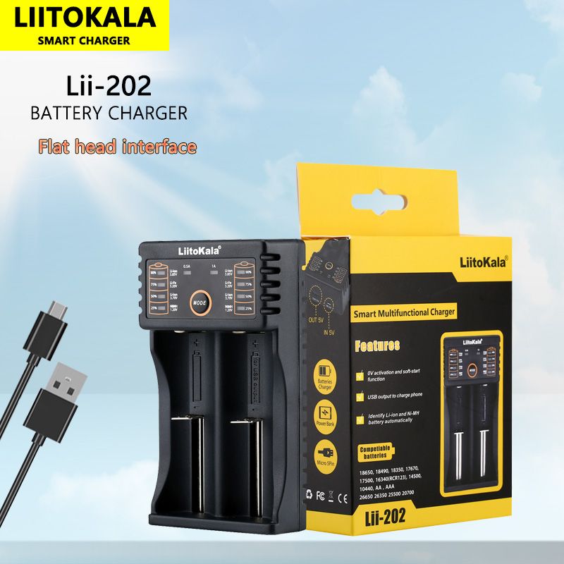 Ładowarka Liitokala Lii-202 3,7V z dwoma kanałami USB do akumulatorów 18650 26650 16340 21700 NiMH 14500