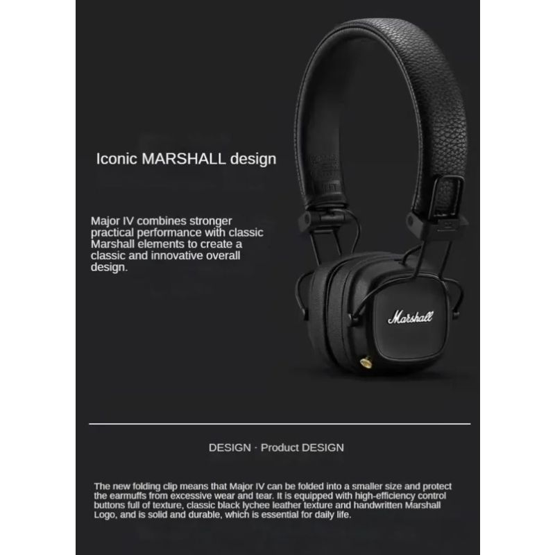 Marshall Major IV słuchawki Bluetooth z podpisanym dźwiękiem głęboki bas nowoczesna technologia bezprzewodowe ładowanie