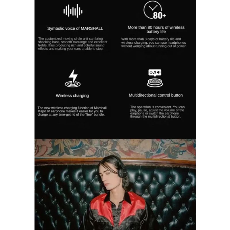 Marshall Major IV słuchawki Bluetooth z podpisanym dźwiękiem głęboki bas nowoczesna technologia bezprzewodowe ładowanie