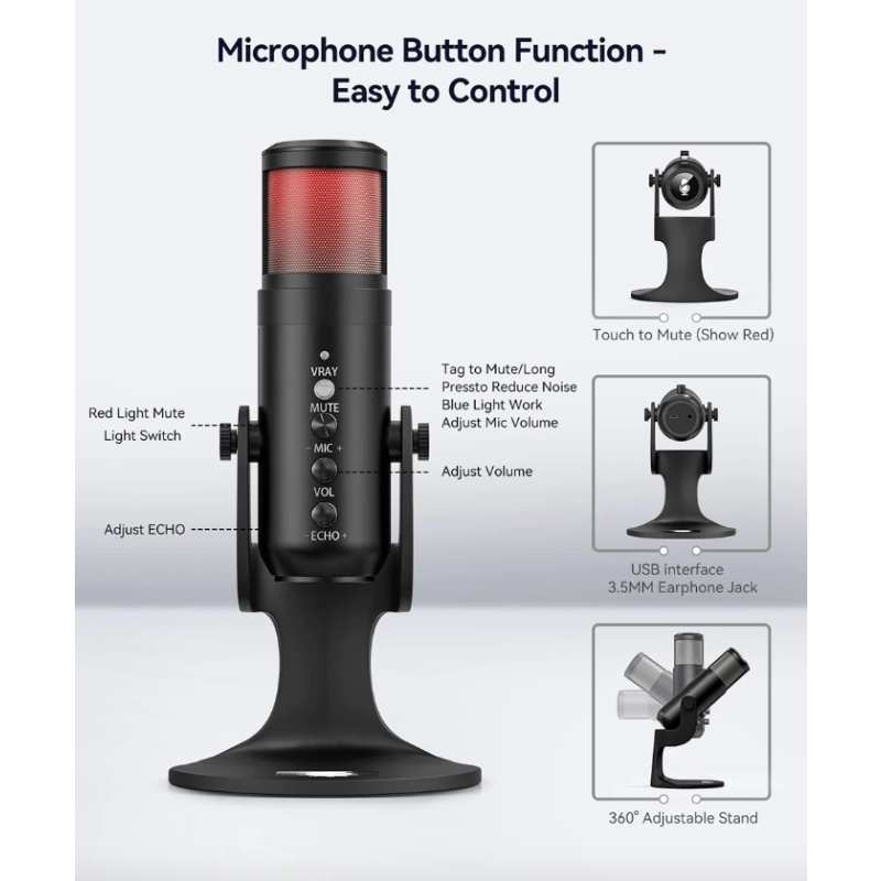 MU900PRO RGB USB Mikrofon do streamingu dynamiczne światło RGB kardioidalny wzór odbioru wysoka jakość dźwięku