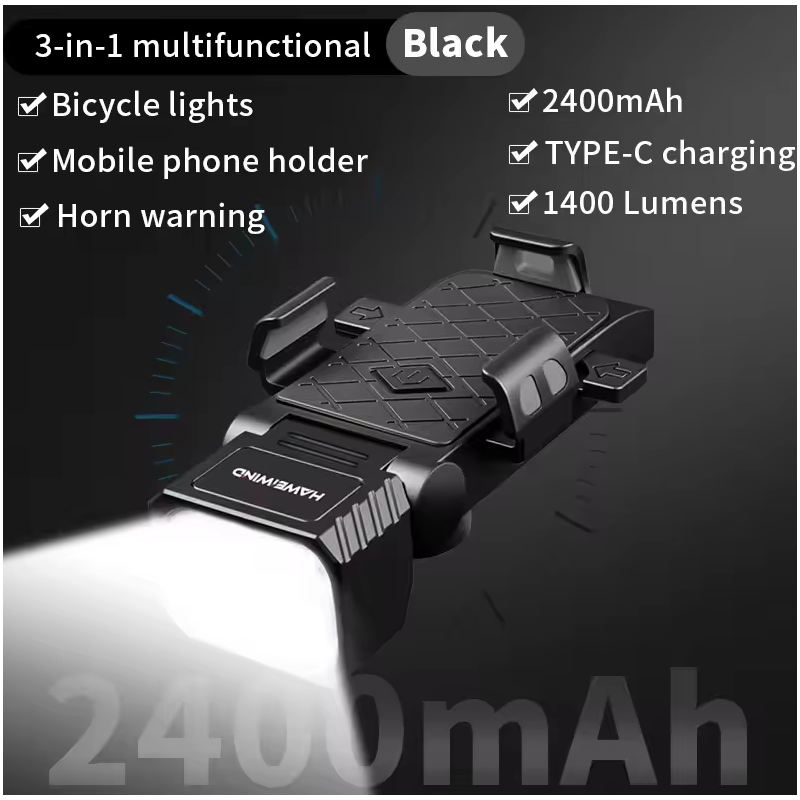 Światło rowerowe 3w1: Lampka z uchwytem na telefon i klaksonem. Akcesoria rowerowe dla Twojego bezpieczeństwa