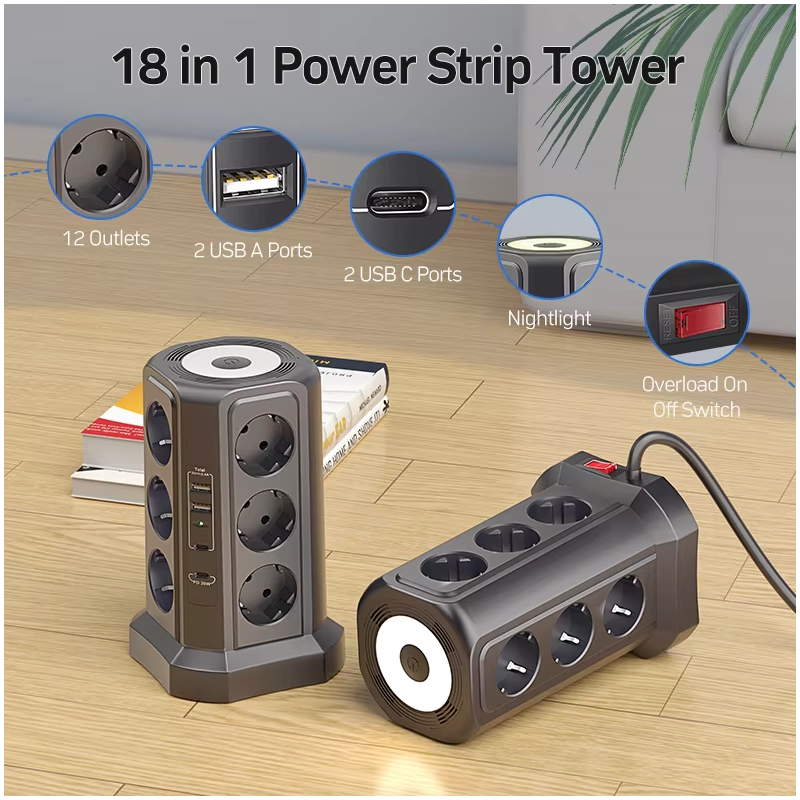 Listwa Zasilająca XT-G3211 4000W 16A z Ochroną Przeciwprzepięciową, Gniazda EU USB, Nocna Lampka, Multi-gniazdko, Przedłużacz do Domu/Biura