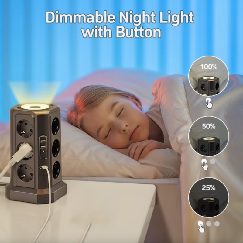 Listwa Zasilająca XT-G3211 4000W 16A z Ochroną Przeciwprzepięciową, Gniazda EU USB, Nocna Lampka, Multi-gniazdko, Przedłużacz do Domu/Biura